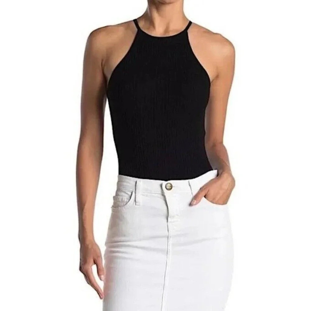 New Ronny Kobo Womens XS Black Kassidy Halter Sleeveless Bodysuit Ribbed